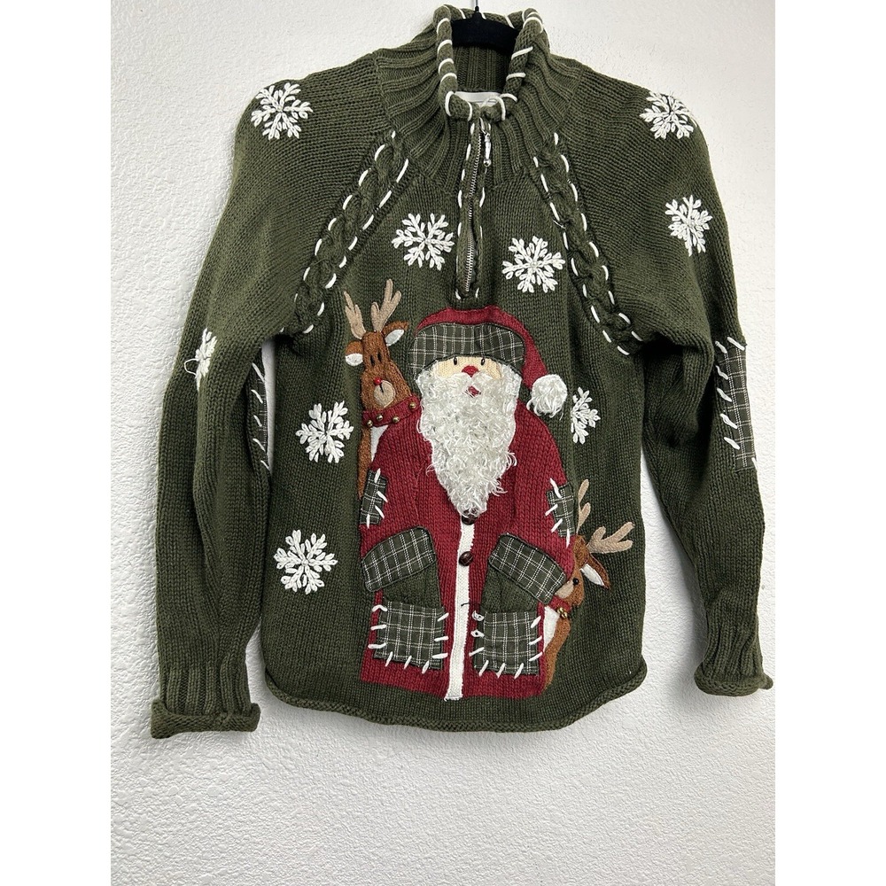 Mandal Bay Womens Green Cotton Blend Christmas Santa Sweater S Patchwork Granny‎